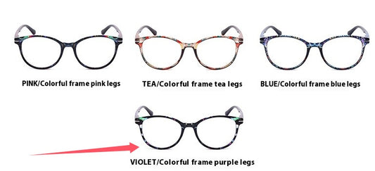 Four pairs of anti-blue light reading glasses with colorful full-rim frames in pink, tea, blue, and violet patterns. - Image 2