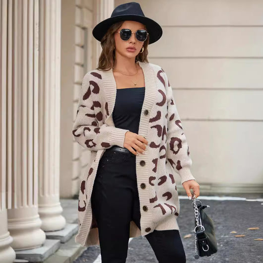 Abrigo Suéter de Leopardo Oversized Largo Medio para Mujer - Image 4