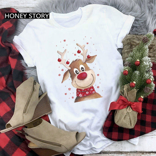 Playera Navideña Roja para Parejas - Diseño Reno y Santa - Image 5