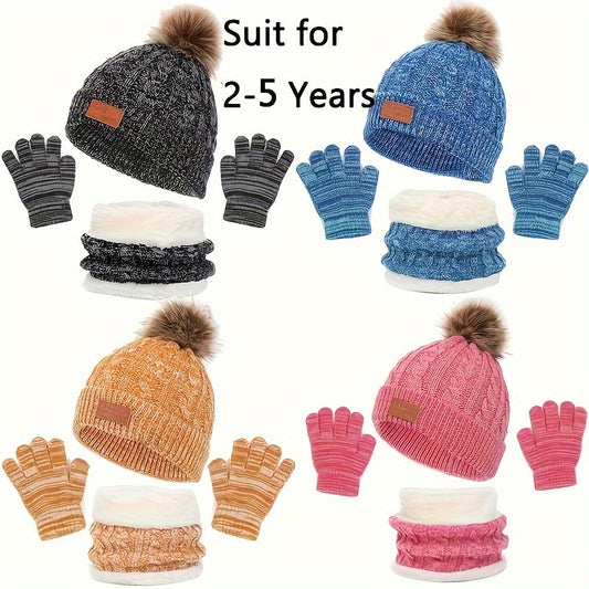 Conjunto Infantil de Gorro, Bufanda y Guantes Tejidos con Pompones