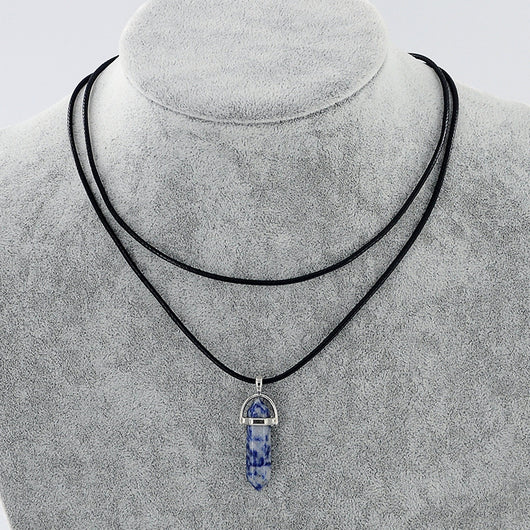 Collar Colgante de Piedra Natural con Cuerda de Cuero Doble y Cristal Hexagonal - Image 27