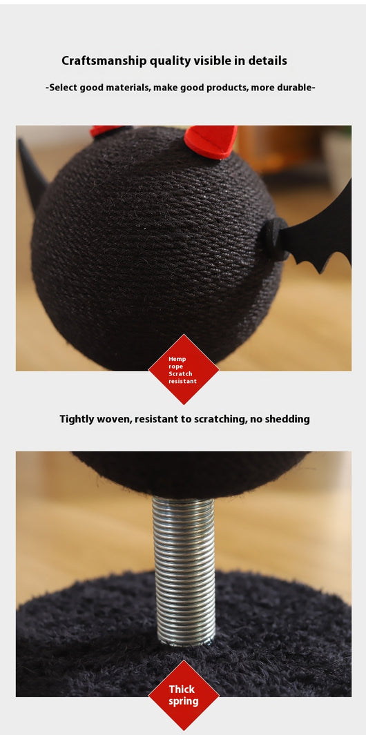 Black cat scratching toy with a sisal-wrapped ball, red devil horns, and black bat wings on a spring base. - Image 12