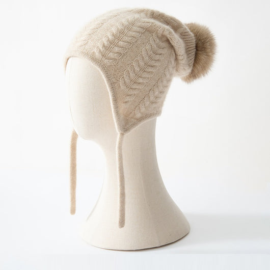 Gorro de Lana Cashmere con Protección de Orejas - Diseño Trenzado Grueso