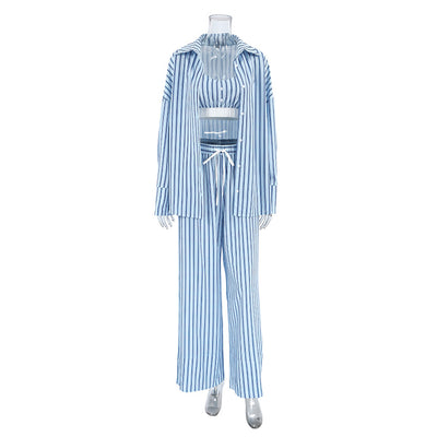 Conjunto de 3 Piezas Y2K Mujer: Top Rayado, Camisa Manga Larga y Pantalón Elástico - Image 10