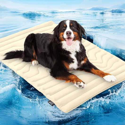 Golden retriever wearing sunglasses on a light gray quilted pet cooling mat, floating on icy blue water. - Image 15