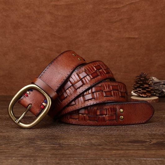 Cinturón de Cuero Tejido a Mano para Hombre con Hebilla de Latón Ajustable sin Perforaciones - Image 15