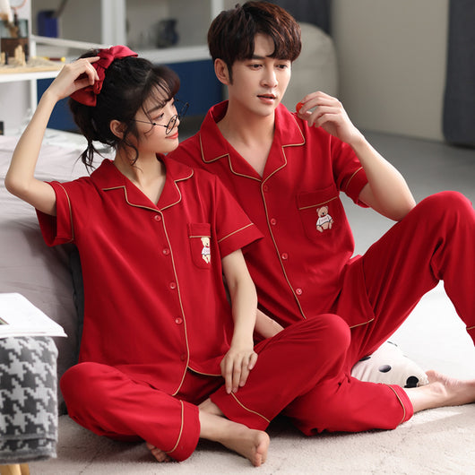 Matching red cotton couple pajamas with short sleeves, long pants, gold piping, and "Love you Dnaw" embroidery. - Image 3