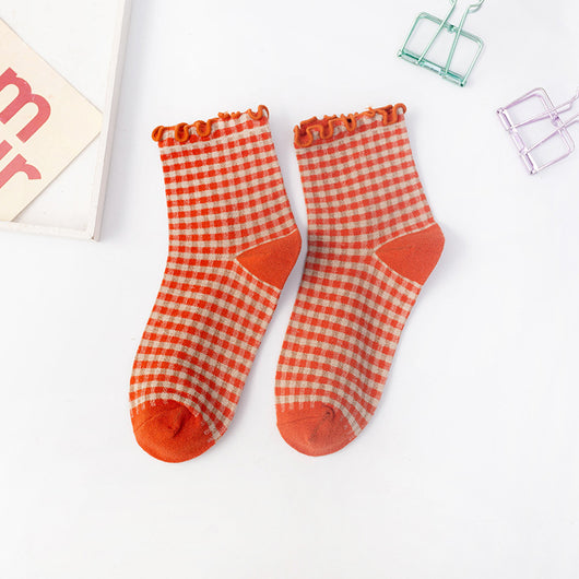 Calcetines Mujer Estilo Británico Japonés con Encaje y Cuadros - Image 3