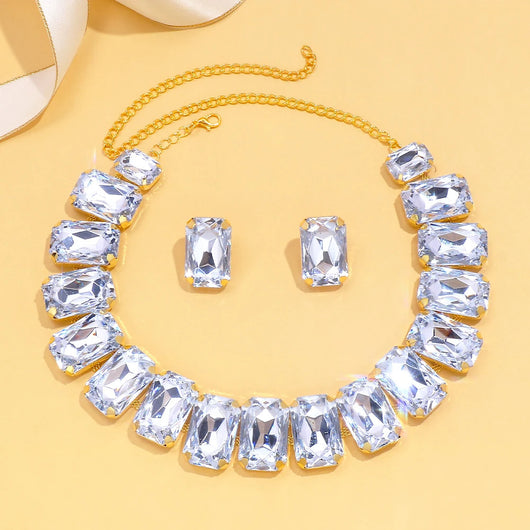 Light luxury geometric crystal necklace and square exaggerated earrings jewelry set in gold tone. - Image 10