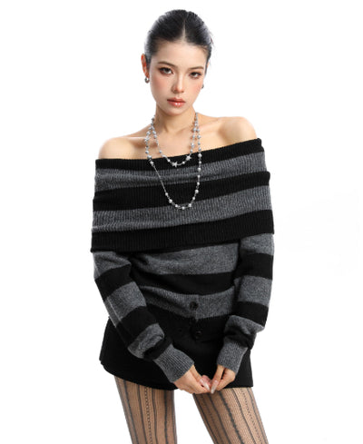 Suéter Coreano Bicolor Hombros Descubiertos para Mujer - Otoño e Invierno - Image 11