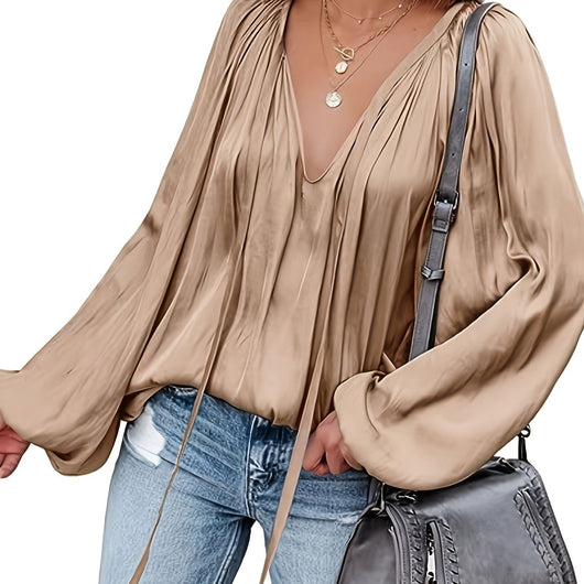 Blusa de Satén con Cuello en V y Mangas Largas para Mujer - Image 14