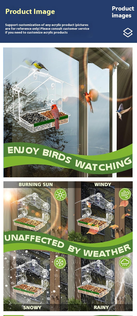 Transparent acrylic window bird feeder with a house-shaped roof and black perch, mounted with suction cups. - Image 8