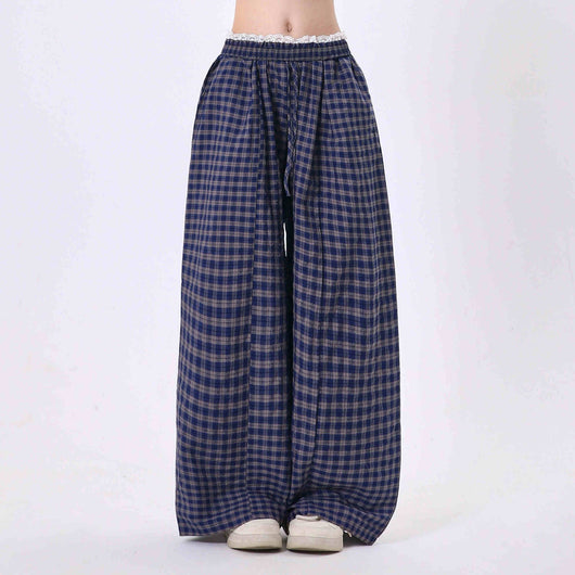 Pantalones Mujer Cuadros con Costuras de Encaje Cintura Alta Pierna Ancha - Image 2