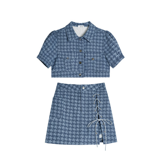 Conjunto de Dos Piezas Cuadros Azules - Top Corto y Falda - Image 2