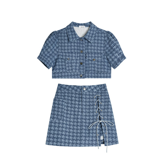 Conjunto de Dos Piezas Cuadros Azules - Top Corto y Falda - Image 2