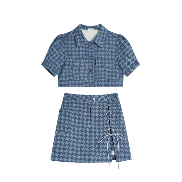 Conjunto de Dos Piezas Cuadros Azules - Top Corto y Falda