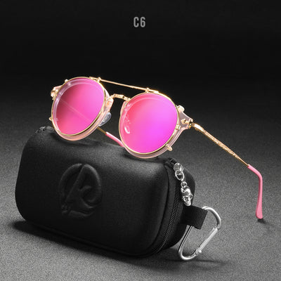 Round frame sunglasses with light blue mirrored lenses and a gold-tone metal frame, featuring a double bridge. - Image 6