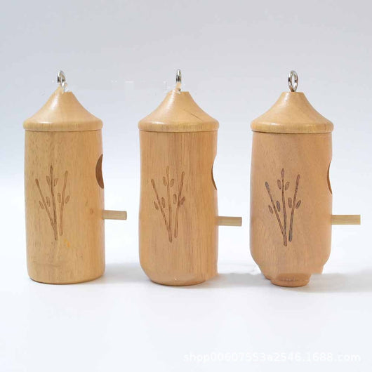 Light brown wooden birdhouse with a conical roof, circular entrance, perch, and etched branch design, hanging hook. - Image 10
