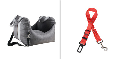 Beige pet car carrier seat with tan straps and a separate red pet seatbelt leash for safe car travel. - Image 10