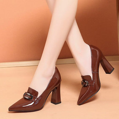 Zapatos de Tacón Grueso Punta Afilada - Cuero Versátil para Mujer - Image 4