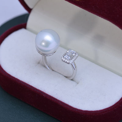 Anillo de Perla de Agua Dulce Blanca 12-13mm Plata 925 Estilo Cubo de Azúcar Ajustable - Image 13
