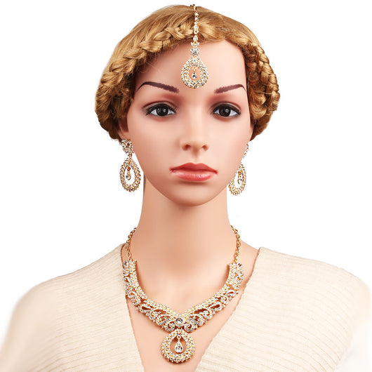 Conjunto de 3 Piezas: Collar, Aretes y Cadena Frontal con Cristales Blancos - Image 6
