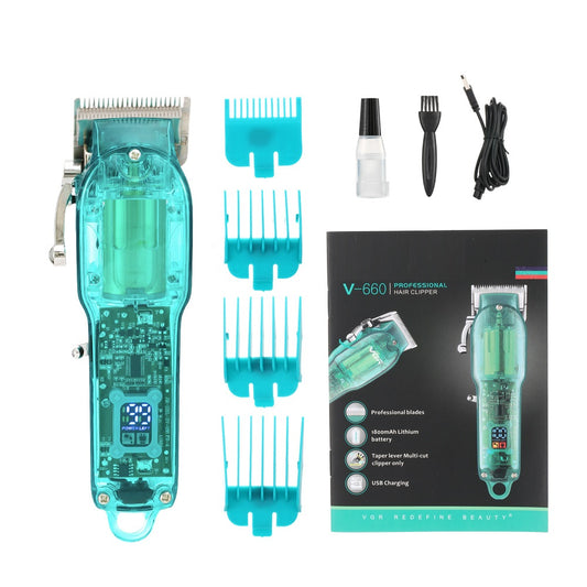 Transparent teal rechargeable hair clipper with digital display, four guide combs, cleaning brush, oil, and charging cable.