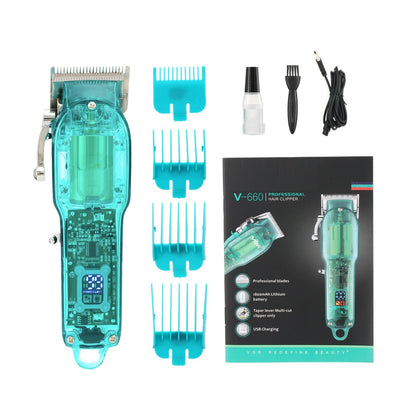 Transparent teal rechargeable hair clipper with digital display, four guide combs, cleaning brush, oil, and charging cable.