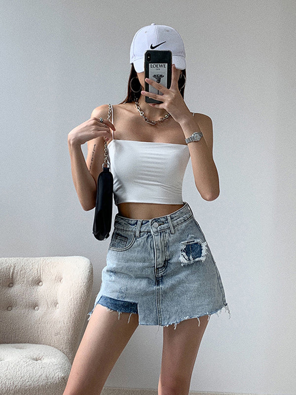 Falda Vaquera Asimétrica Talla Grande Verano Estilo Coreano