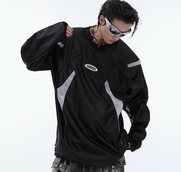 Chamarra Deportiva Retro Americana con Cuello V y Hombros Acolchados