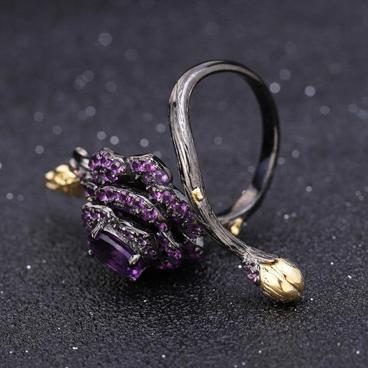 Anillo Ajustable de Plata con Amatista y Guirnalda de Rosas - Image 2