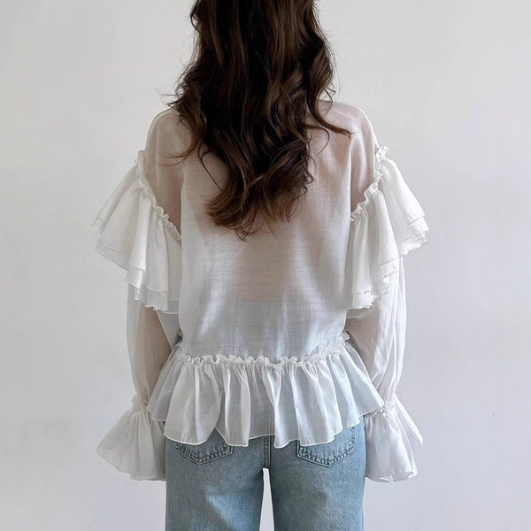Blusa Elegante Estilo Francés con Cierre de Moño y Manga Larga