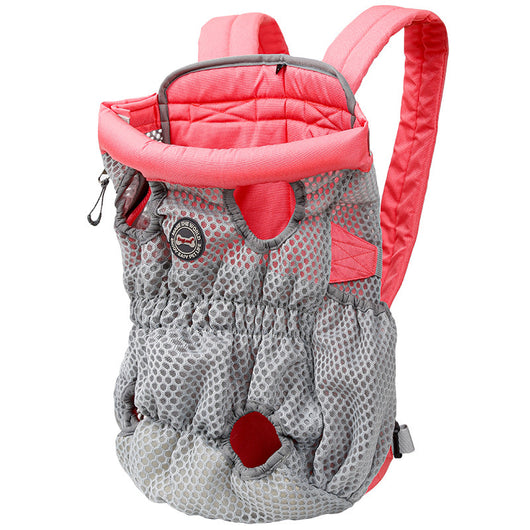 Navy blue mesh pet carrier backpack with leg holes and a light blue portable pet water bottle with a transparent reservoir. - Image 27