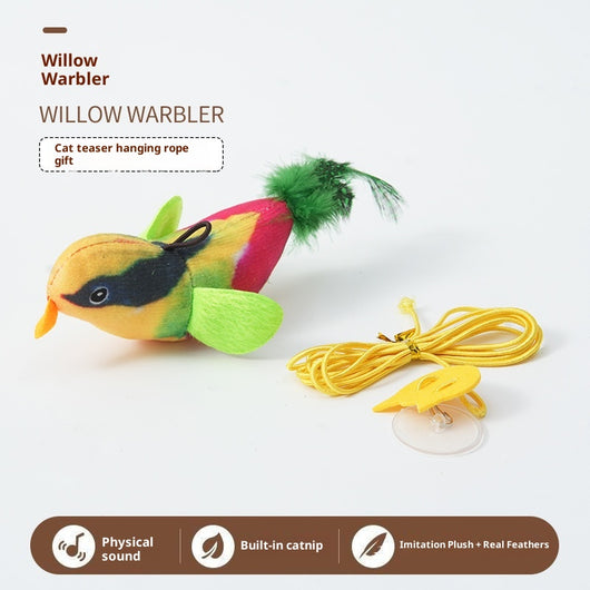 Plush bird cat toy with orange chest, grey body, feathered tail, and an elastic string for interactive play. - Image 12