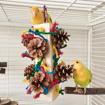 Packaged parrot toy with a wooden block, colorful hemp ropes, and natural pine cones for chewing and play.