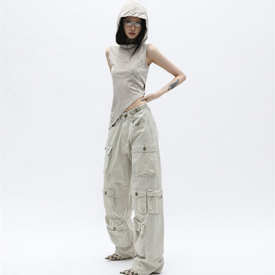 Pantalón Vintage de Pierna Ancha con Múltiples Bolsillos para Mujer