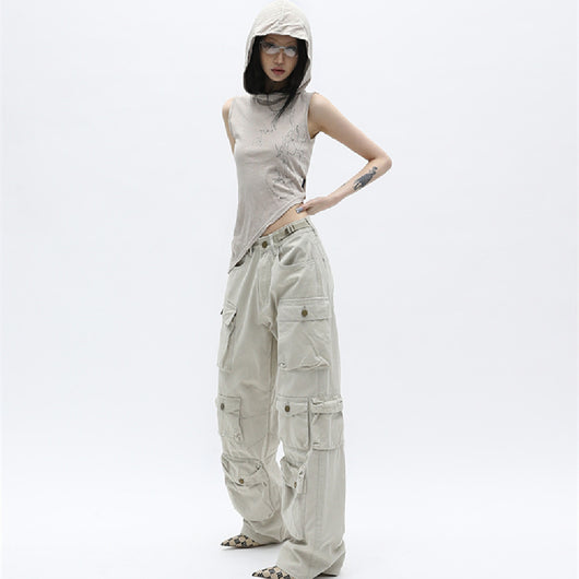 Pantalón Vintage de Pierna Ancha con Múltiples Bolsillos para Mujer