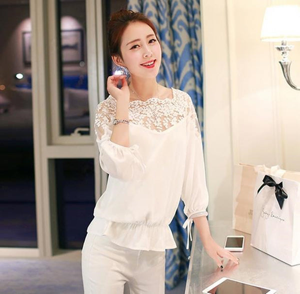 Blusa Suelta Coreana con Encaje y Mangas Tres Cuartos para Mujer