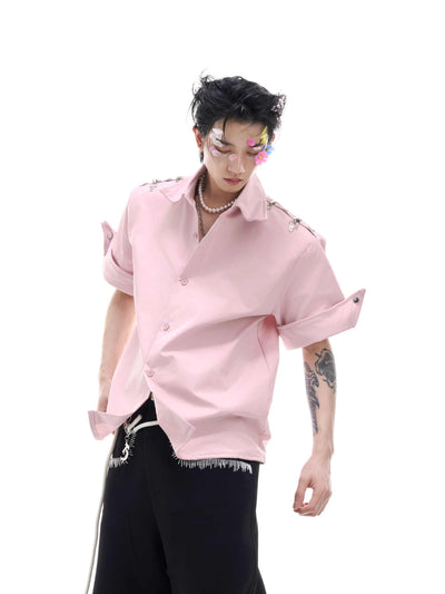 Camisa Suelta con Hebilla Metálica Deconstruida - Cardigan de Manga Corta Color Sólido - Image 3