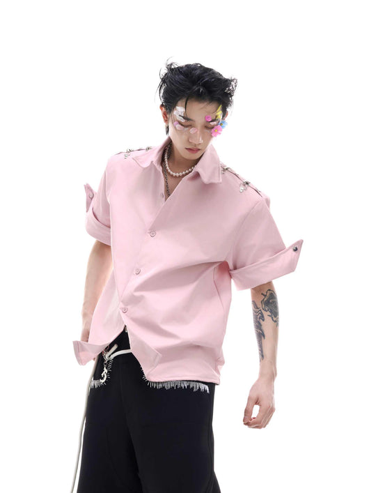 Camisa Suelta con Hebilla Metálica Deconstruida - Cardigan de Manga Corta Color Sólido - Image 3
