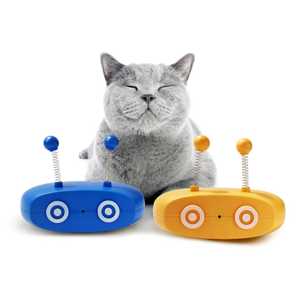 Light gray electric robot cat toy with two spring antennae, circular details, and a red indicator light.