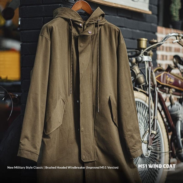 Chaqueta Cortaviento Estilo Militar con Capucha y Forro Polar Algodón Puro Largo para Hombre Otoño