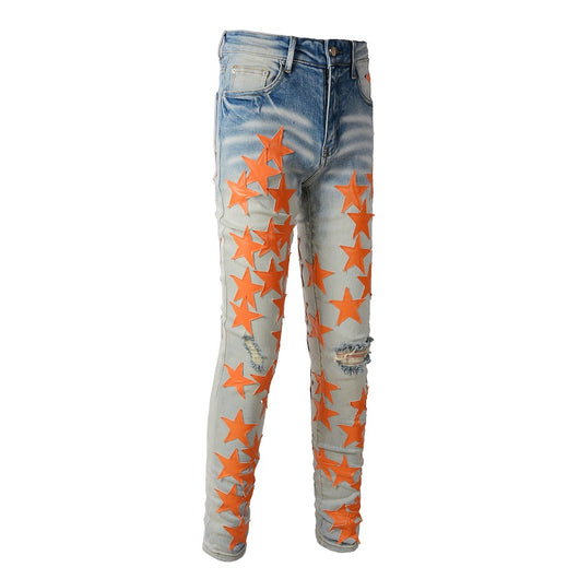Jeans Perforados Ligeros Orange Star Estilo Europeo Americano para Hombre - Image 6
