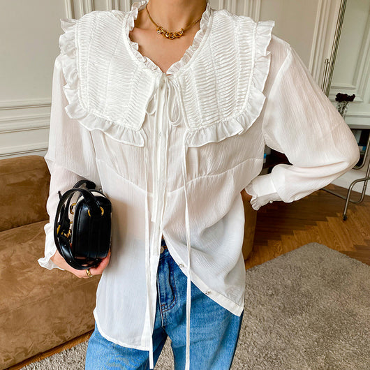 Blusa Tencel Coreana Mujer Primavera Blanco Francés Diseño Elegante - Image 7