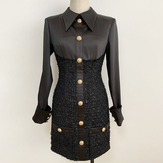 Vestido de Otoño e Invierno con Botones de León y Costuras de Satén - Image 2