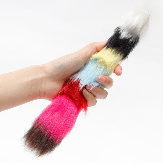 Two colorful plush mouse pet toys with segmented bodies in white, black, yellow, blue, red, and pink, on a white background. - Image 5