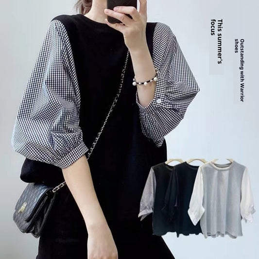 Blusa Suelta de Cuello Redondo con Bloques de Color - Estilo Japonés y Coreano