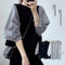 Blusa Suelta de Cuello Redondo con Bloques de Color - Estilo Japonés y Coreano