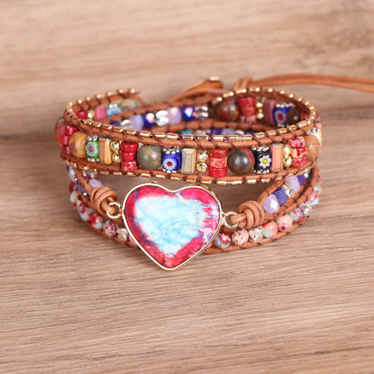 Pulsera Multicapa de Cuero Trenzado con Piedra Emperador y Abalorios Coloridos - Image 11