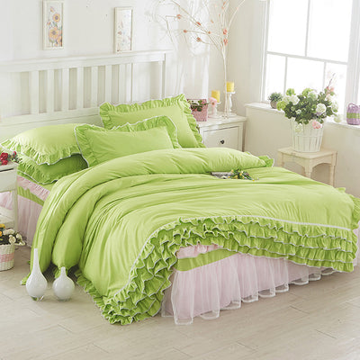 Juego de Cama Princesa con Encaje - Cubrecama Estilo Falda de Cama Cuatro Piezas Color Sólido - Image 20